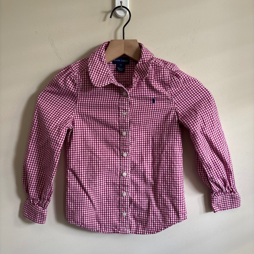 Ralph Lauren Pink/Reddish Gingham Button Down Shirt Peter Pan Collar Size 6
